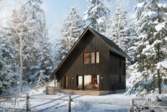 a house in the middle of winter with snow on the ground and trees around it