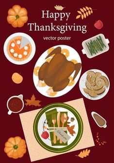 a thanksgiving poster with turkey and other foods on the table, including crackers, pumpkins and leaves