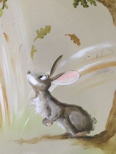 a painting of a rabbit sitting under a tree