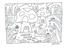 a drawing of a mushroom house in the woods