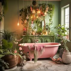 a pink bath tub sitting next to potted plants