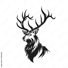 the head of a deer with antlers in black and white