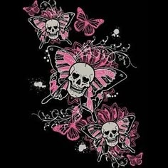 skulls and butterflies on a black background with pink flowers in the foreground is an image of a skull