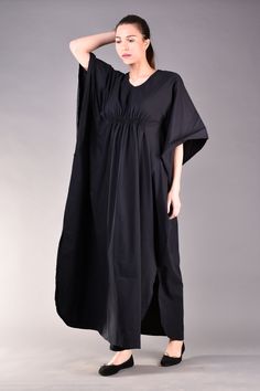 "Very romantic caftan dress in black. The main advantages of this long black dress are the kimono sleeves and the loose fit cut which hides any flaws while the gathered detail under the bust emphasizes the top part of the body. This black maxi dress is very comfortable so it is a great choice for the daytime matched with flats. ^ Sizes: The item can be made in sizes from XXS to 7XL. Please, use the size chart below or if you are not sure about your size, just * contact us with your measures! ^ E Long Black Abaya For Spring, Black Long Abaya For Spring, Black Abaya For Beach, Long Black Spring Abaya, Spring Black Long Abaya, Black Tunic Abaya For Summer, Black Maxi Length Abaya For Beach, Spring Black Maxi-length Abaya, Summer Black Tunic Abaya