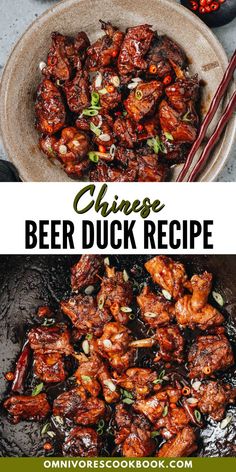 chinese beer duck recipe in a skillet with chopsticks