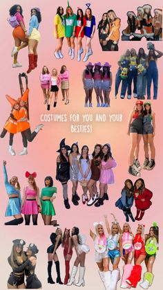 the collage shows many different types of people wearing costumes and posing in front of a pink background