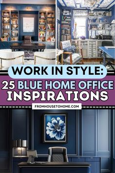 work in style: 25 blue home office inspirations Home Office With Blue Accents, Dark Blue Office Design, Dark Blue Office Ideas, Blue Craft Room, Blue Home Office Ideas, Dark Blue Home Office, Blue Office Design, Blue Decor Ideas, Blue Home Office