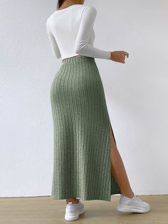 SHEIN EZwear High Waist Split Thigh Skirt | SHEIN USA Knitted Skirt, Maxi Rok, Mini Robes, Maxi Robes, Botswana, Knit Skirt, Casual Fall, Colorful Pictures, Ghana