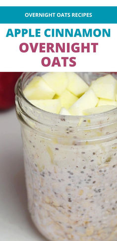 Overnight oats in a glass jar with chopped apples on top.