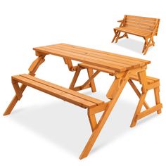 a wooden picnic table with two benches next to it and an image of the same bench