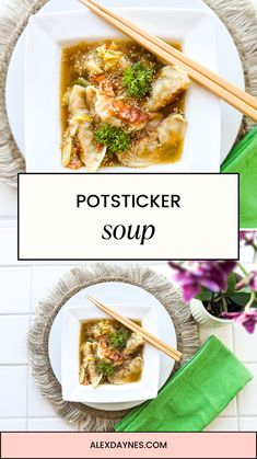 a bowl of soup with chopsticks on the side next to it and a plate full of dumplings