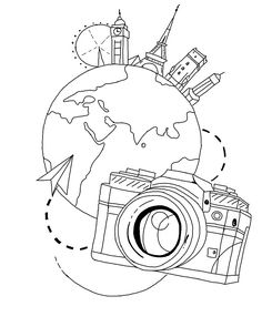 a camera and some buildings on top of a globe