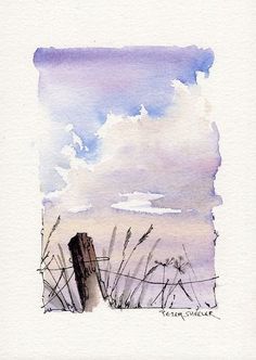 a watercolor painting of grass and clouds in the distance, with a fence post sticking out from the foreground