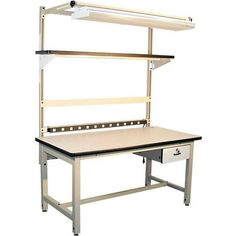 a workbench with two shelves and one drawer on the bottom shelf is shown