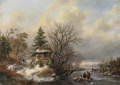 a painting of people walking in the snow near a river with a cabin on it