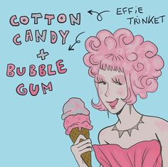 a drawing of a woman eating an ice cream cone with cotton candy and bubble gum