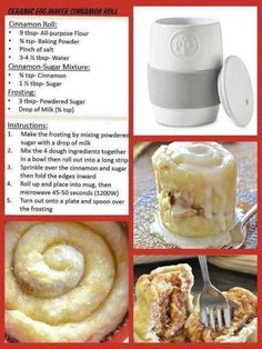 the instructions for making cinnamon rolls are shown in red and white colors, with pictures of them