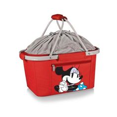 a red and gray mickey mouse cooler bag with handles on the side, it has a cartoon