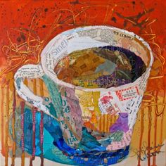 a painting of a cup filled with lots of different types of papers and words on it