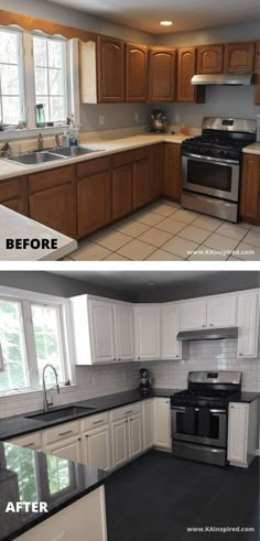 before and after pictures of a kitchen remodel with white cabinets, black countertops, and stainless steel appliances