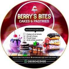 berry's bites cakes and pastries advertisment with cake images on it