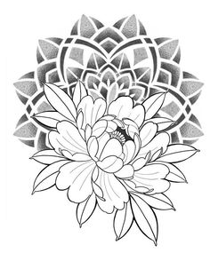 a black and white drawing of a flower with petals on it's center piece