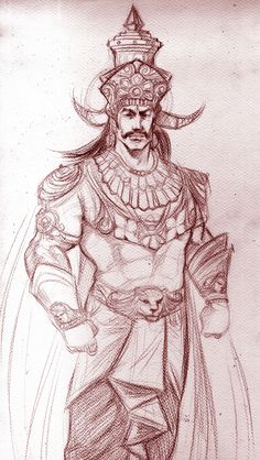 a drawing of a man in costume with horns on his head and hands behind his back