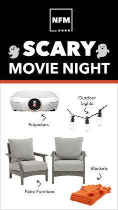 an advertisement for a movie night with two chairs and a projector