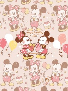 two minnie mouses are holding balloons in front of a pink background with hearts and dots