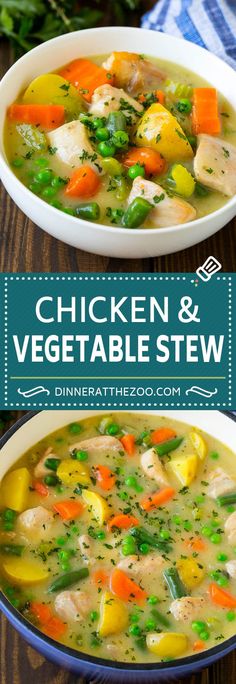 two bowls of chicken and vegetable stew on a wooden table with the title above it