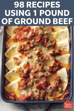 an image of the cover of 99 recipes using 1 pound of ground beef, including tortilla shells