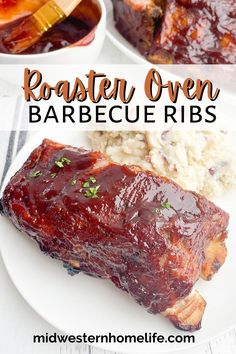 barbecue ribs with bbq sauce and mashed potatoes on a white plate next to the recipe