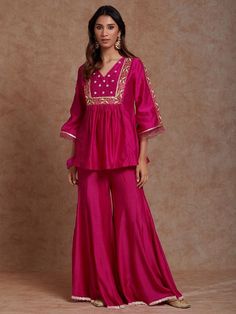 Buy Pink Embroidered Chanderi Kurta with Sharara- Set of 2 | VJ101APR102/K/PINK/VJ101APR Co Ords Outfits Indian, Navratri Outfits, डिजाइनर कपड़े, Simple Kurti, Co Ords Outfits, Vibrant Outfits, Outfits Indian, Pranali Rathod, Simple Kurta Designs