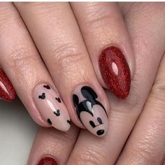 Red Mickey Mouse Nails, Red Mickey Nails, Red Disney Nails, Mickey Mouse Christmas Nails, Disney Character Nails, Mickey Mouse Nail Art