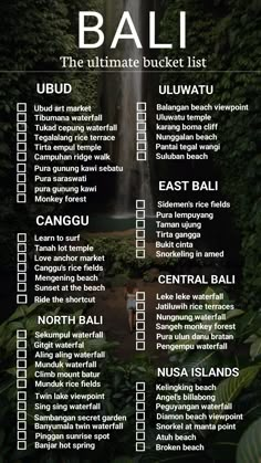 the bali ultimate bucket list is shown