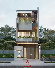 an apartment building with plants growing on the balconies