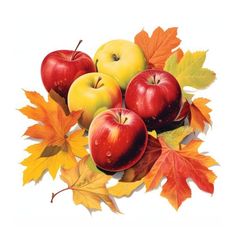 an image of apples and leaves in the fall colors on a white background with copy space