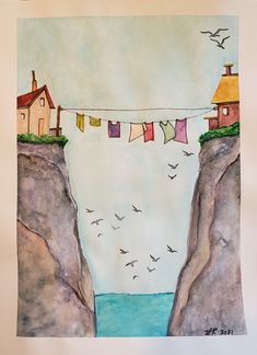 a drawing of clothes hanging out to dry on a line over the ocean with seagulls flying around