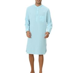 Get cool and comfy in this cotton pajama set with a banded collar, three button-down closures, and a single chest pocket design. This cotton pajama dress is great for comfort as well as a feel. The design will make you look stylish and relaxed by wearing it while you sleep. Occasions: Suitable for Father's day, casual, holiday leisure, travel, and daily wear. Model Body Size: Height: 6'7", Chest: 38 2/8 inches, Waist: 30 6/8 inches, Hip: 42 1/8 inches, Weight: 175 lbs, model is wearing a size L. Mens Nightshirts, Men's Nightgown, Cotton Pajama Set, Pajama Dress, Cotton Pajama Sets, Mens Band, Blue Outfit, Cotton Pyjamas, Band Collar