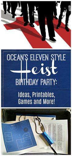 an advertisement for the ocean's eleven style heist birthday party with people in silhouette