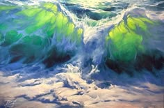 an abstract painting of green and blue waves