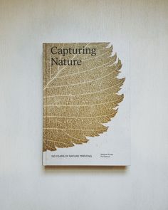 a book sitting on top of a wooden table next to a white wall with a brown leaf