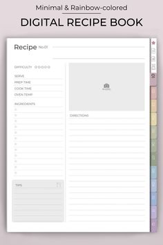 a recipe book with the title'minimal rainbow - colored, digital recipe book '