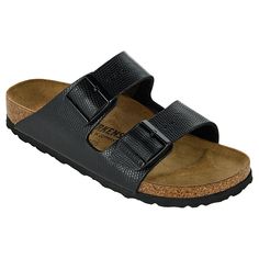 Birkenstock Arizona Birko-Flor Sandal Birkenstock's contoured cork footbed supports the arches of the foot and cradles the heel for all day comfort.  Fits true to size. Heidi Daus, Fashion Shoes Sandals, Birkenstock Arizona, Pig Skin, Black 7, Men Necklace, Black Sandals, Birkenstock, Fashion Earrings