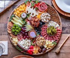 a platter filled with different types of cheese and meats