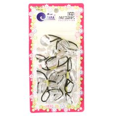 a package of black and white hair clips in the shape of flowers on a pink background