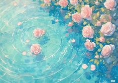 pink roses are floating in the water with green leaves and petals on it's surface