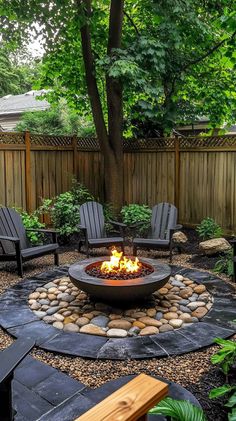 an outdoor fire pit surrounded by chairs and trees