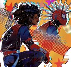 a woman with an afro is sitting on the ground in front of a spider - man poster