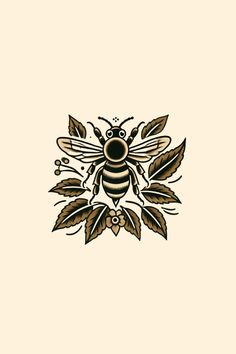 a drawing of a bee with leaves on it